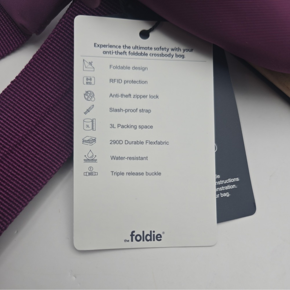 The Foldie Purple Crossbody Bag RFID Blocking Zip 290D Durable Flexfabric NWT - Picture 7 of 7